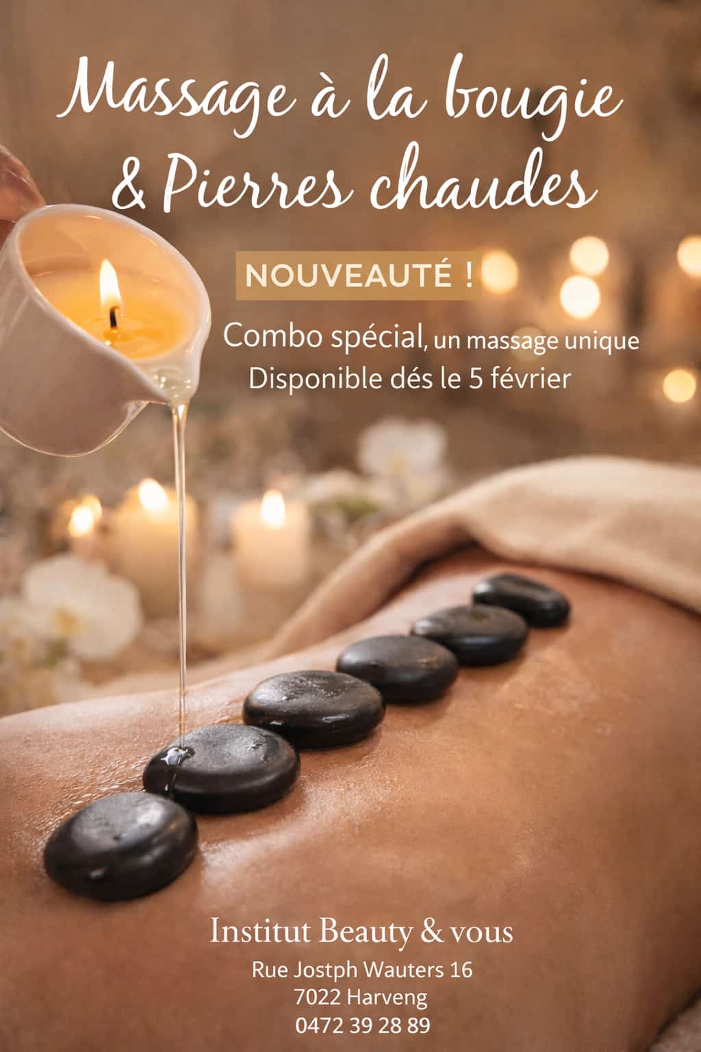 Massage Signature Bougie & Pierres Chaudes, un soin exclusif qui allie la douceur fondante d’une bougie de massage tiède à la chaleur réconfortante des pierres chaudes.